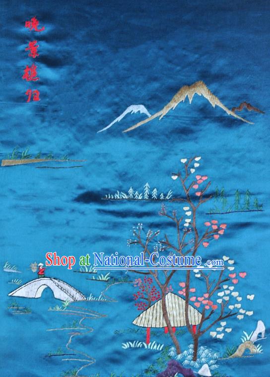 Traditional Chinese Embroidered Landscape Decorative Painting Hand Embroidery Blue Silk Picture Craft