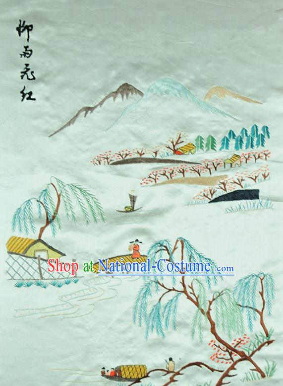 Traditional Chinese Embroidered Landscape Decorative Painting Hand Embroidery Light Green Silk Picture Craft