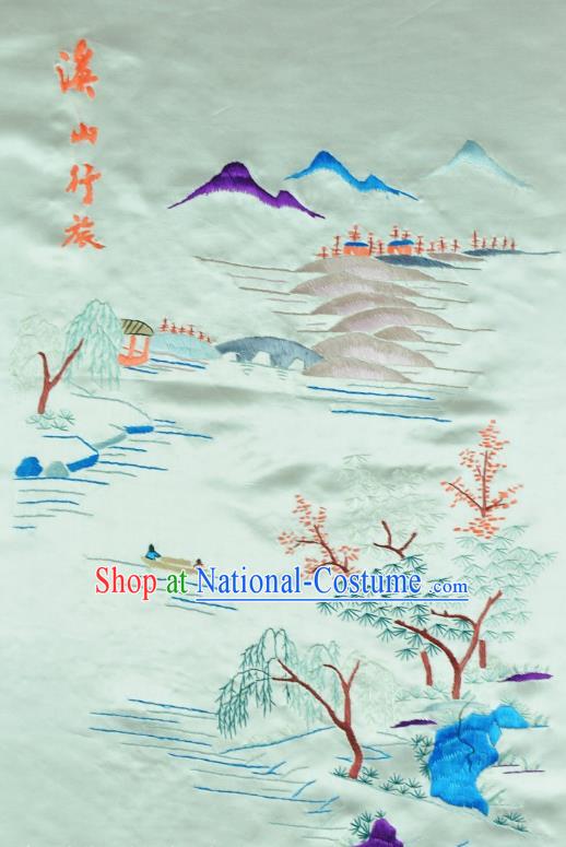 Traditional Chinese Embroidered Landscape Decorative Painting Hand Embroidery Light Blue Silk Picture Craft