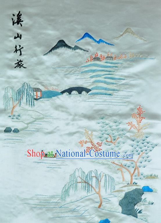 Traditional Chinese Embroidered Mountain Perch Decorative Painting Hand Embroidery Light Blue Silk Picture Craft