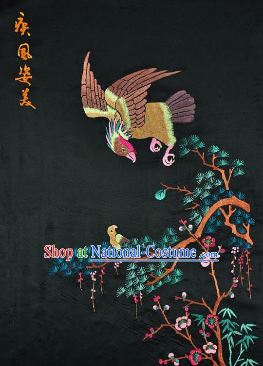 Traditional Chinese Embroidered Eagle Pine Bamboo Decorative Painting Hand Embroidery Black Picture Craft