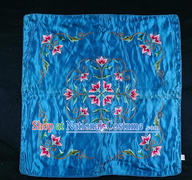 Traditional Chinese Embroidered Flowers Cushion Fabric Patches Hand Embroidering Applique Embroidery Blue Silk Accessories