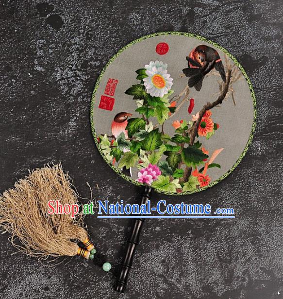 Chinese Traditional Embroidered Palace Fans Craft Handmade Embroidery Chrysanthemum Birds Round Fan Silk Fan