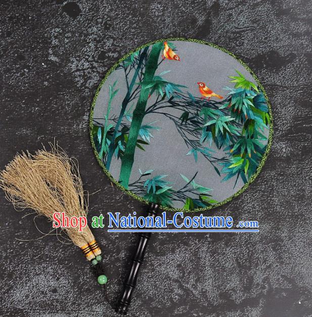 Chinese Traditional Embroidered Palace Fans Craft Handmade Embroidery Bamboo Birds Round Fan Silk Fan