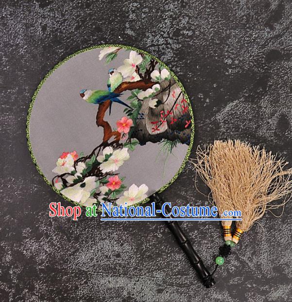 Chinese Traditional Embroidered Peach Blossom Palace Fans Craft Handmade Embroidery Birds Round Fan Silk Fan