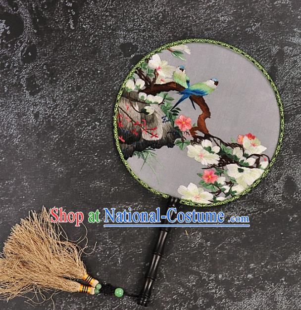 Chinese Traditional Embroidered Peach Blossom Palace Fans Craft Handmade Embroidery Birds Round Fan Silk Fan