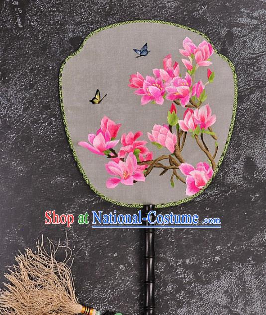 Chinese Traditional Embroidered Yulan Magnolia Silk Fans Craft Handmade Embroidery Palace Fan