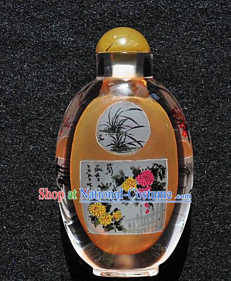 Chinese Handmade Glass Yellow Snuff Bottle Craft Traditional Inside Painting Orchid Chrysanthemum Snuff Bottles Artware