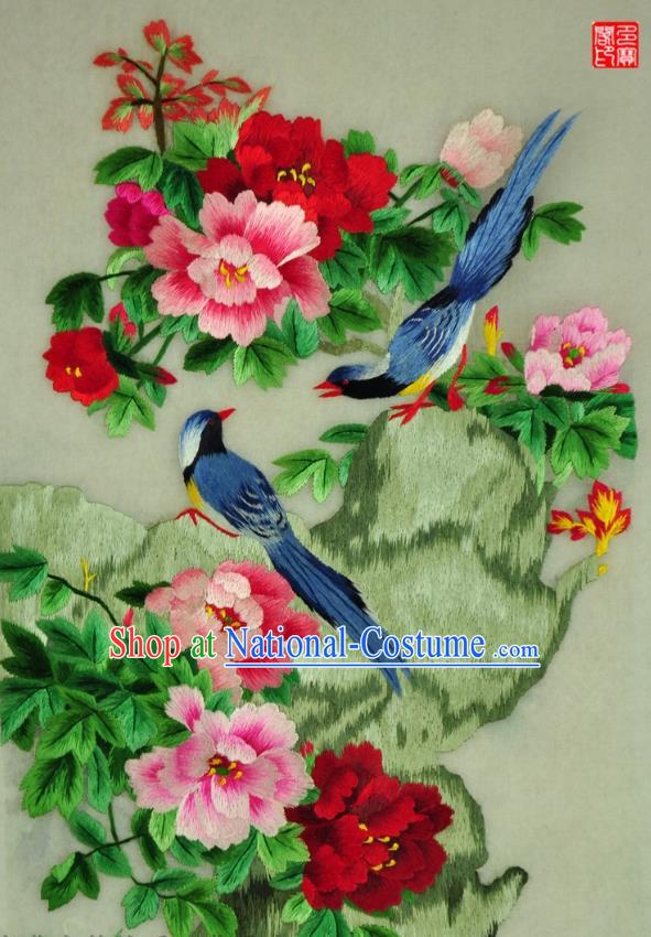 Traditional Chinese Embroidered Peony Birds Decorative Painting Hand Embroidery Silk Wall Picture Craft