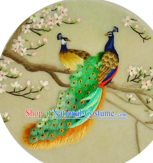 Traditional Chinese Embroidered Peacock Magnolia Decorative Painting Hand Embroidery Silk Round Wall Picture Craft