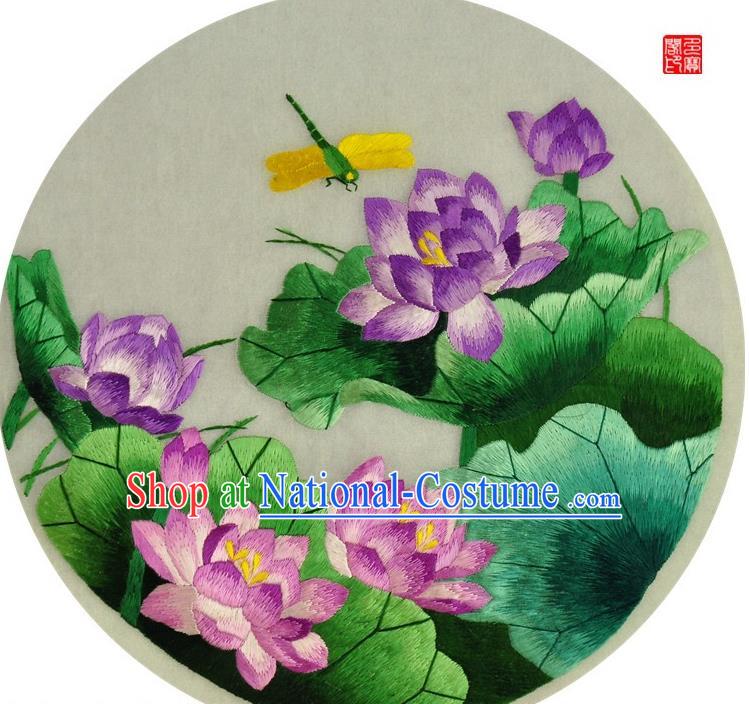 Traditional Chinese Embroidered Purple Lotus Decorative Painting Hand Embroidery Silk Round Wall Picture Craft