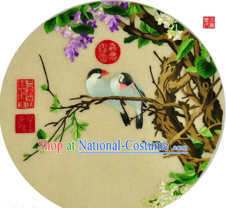 Traditional Chinese Embroidered Purple Flower Bird Decorative Painting Hand Embroidery Silk Round Wall Picture Craft