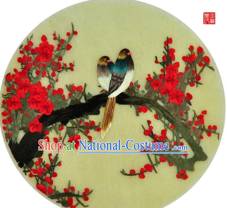 Traditional Chinese Embroidered Plum Flowers Bird Decorative Painting Hand Embroidery Silk Round Wall Picture Craft