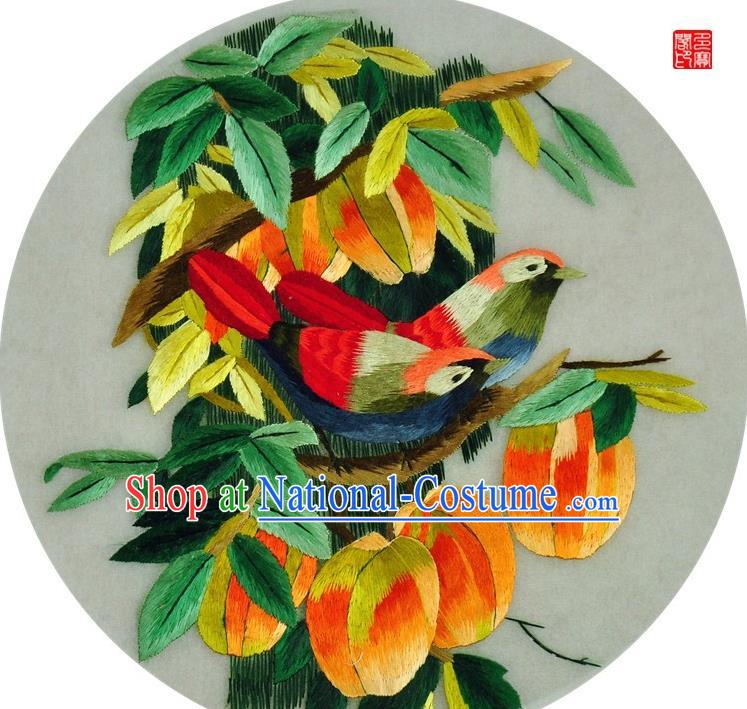 Traditional Chinese Embroidered Persimmon Bird Decorative Painting Hand Embroidery Silk Round Wall Picture Craft