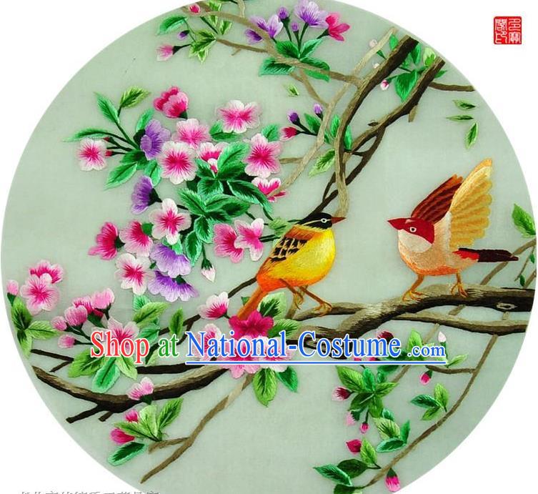 Traditional Chinese Embroidered Birds Decorative Painting Hand Embroidery Flowers Silk Round Wall Picture Craft