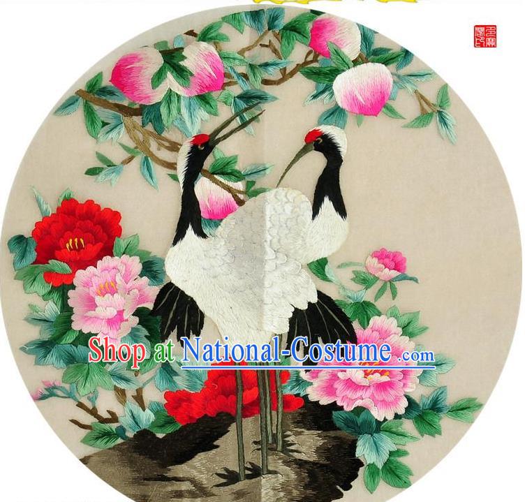 Traditional Chinese Embroidered Crane Peony Decorative Painting Hand Embroidery Peach Silk Round Wall Picture Craft