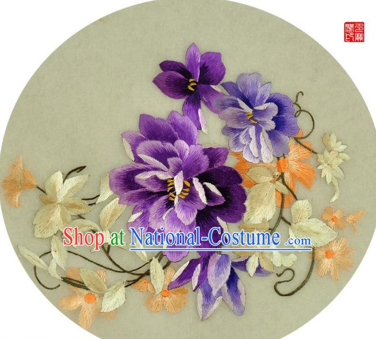 Traditional Chinese Embroidered Purple Peony Decorative Painting Hand Embroidery Silk Round Wall Picture Craft