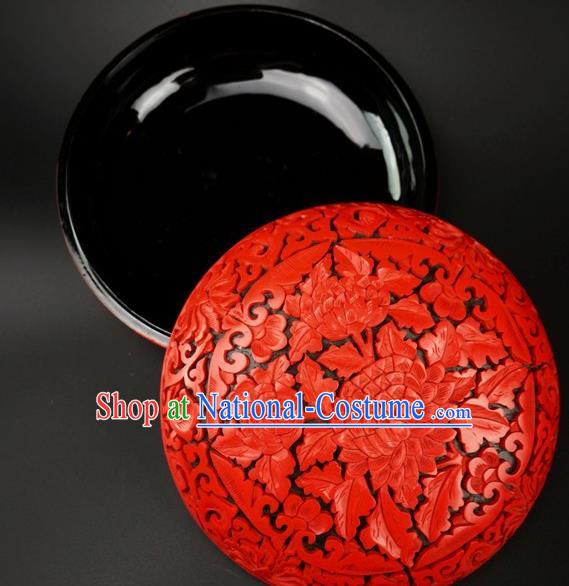 Traditional Chinese Carving Peony Flowers Lacquerware Hand Red Rouge Box Craft