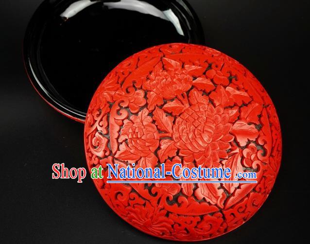 Traditional Chinese Carving Peony Flowers Lacquerware Hand Red Rouge Box Craft