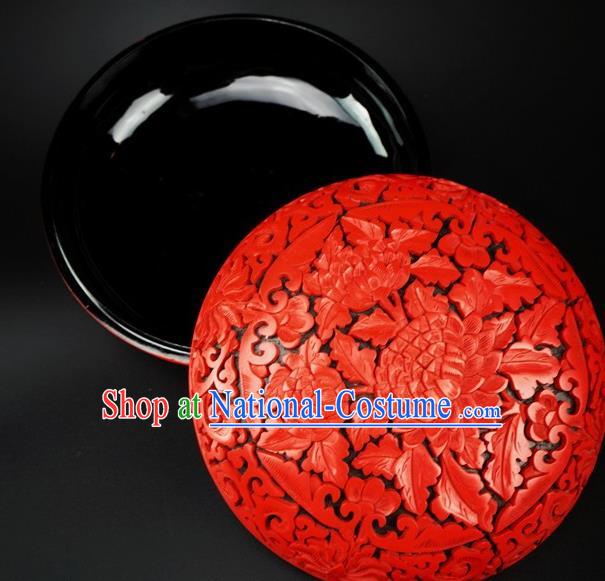 Traditional Chinese Carving Peony Flowers Lacquerware Hand Red Rouge Box Craft