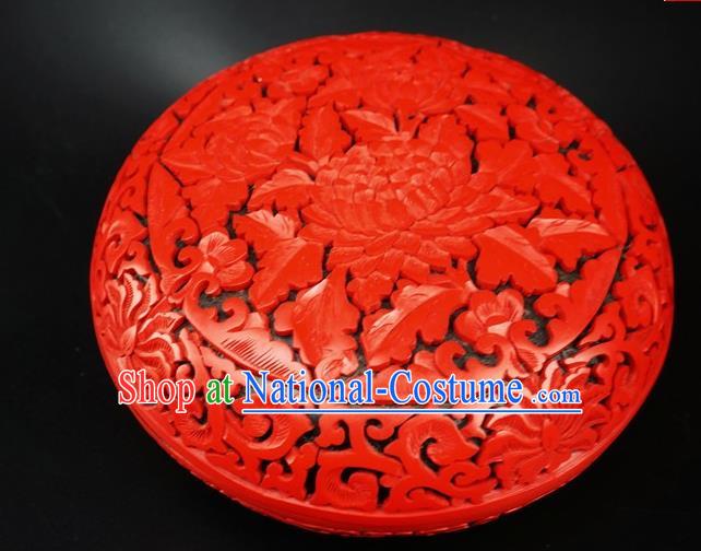 Traditional Chinese Carving Peony Flowers Lacquerware Hand Red Rouge Box Craft