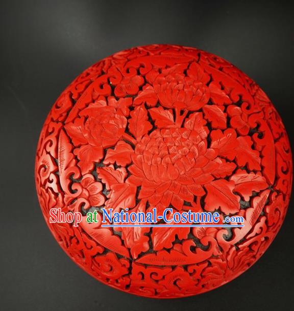 Traditional Chinese Carving Peony Flowers Lacquerware Hand Red Rouge Box Craft