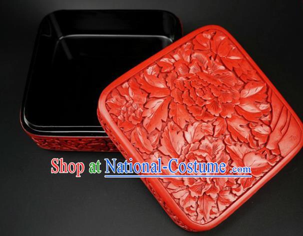 Traditional Chinese Carving Peony Flowers Lacquerware Hand Red Square Rouge Box Craft