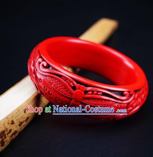 Traditional Chinese Carving Butterfly Lacquerware Bracelet Hand Red Bangle Accessories