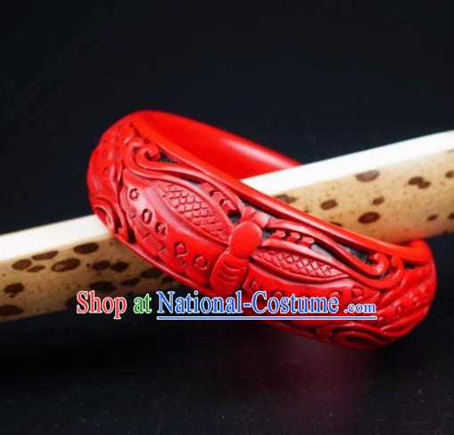 Traditional Chinese Carving Butterfly Lacquerware Bracelet Hand Red Bangle Accessories