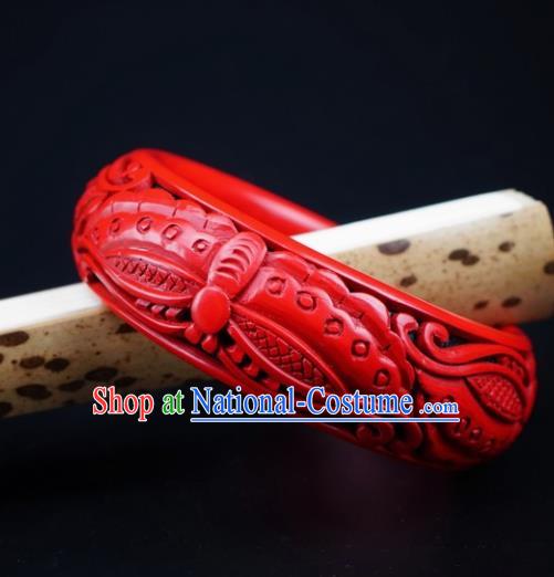 Traditional Chinese Carving Butterfly Lacquerware Bracelet Hand Red Bangle Accessories