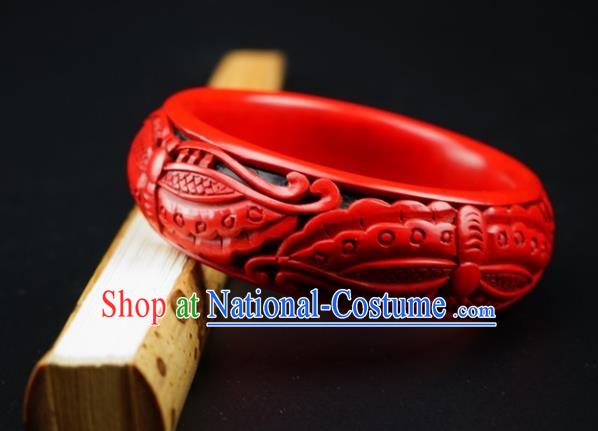 Traditional Chinese Carving Butterfly Lacquerware Bracelet Hand Red Bangle Accessories