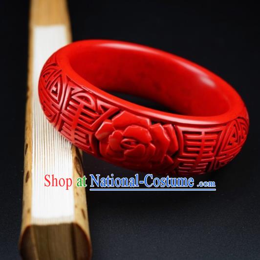 Traditional Chinese Carving Rose Lacquerware Bracelet Hand Red Bangle Accessories