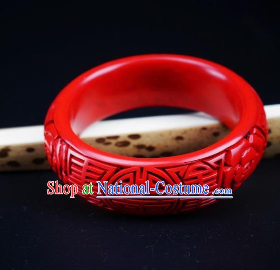 Traditional Chinese Carving Rose Lacquerware Bracelet Hand Red Bangle Accessories