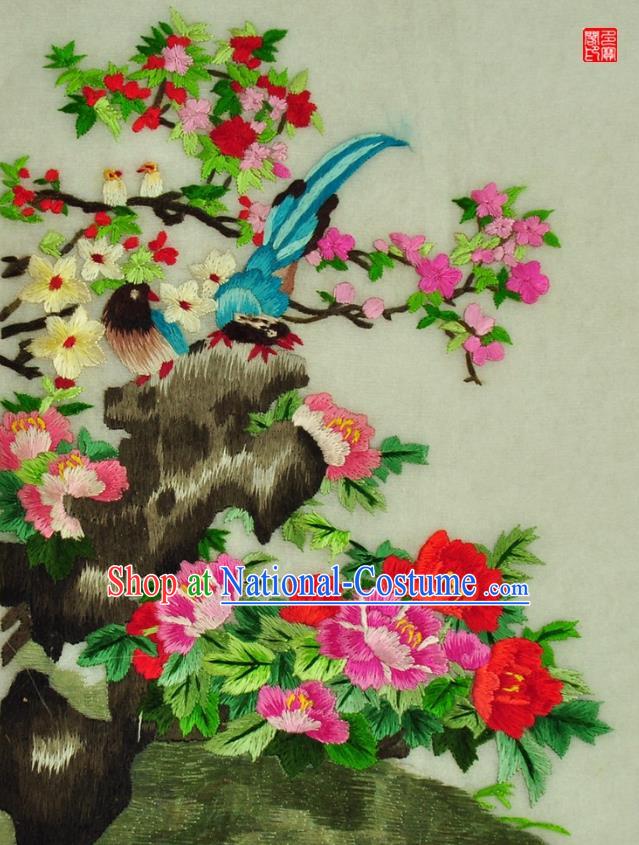 Traditional Chinese Embroidered Peony Decorative Painting Hand Embroidery Flowers Birds Silk Wall Picture Craft