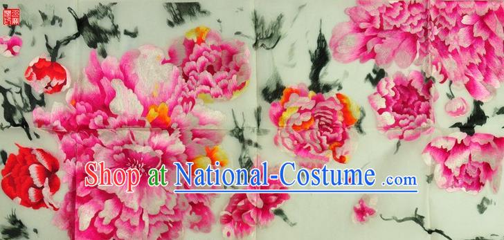 Traditional Chinese Embroidered Pink Peony Decorative Painting Hand Embroidery Flowers Silk Wall Picture Craft