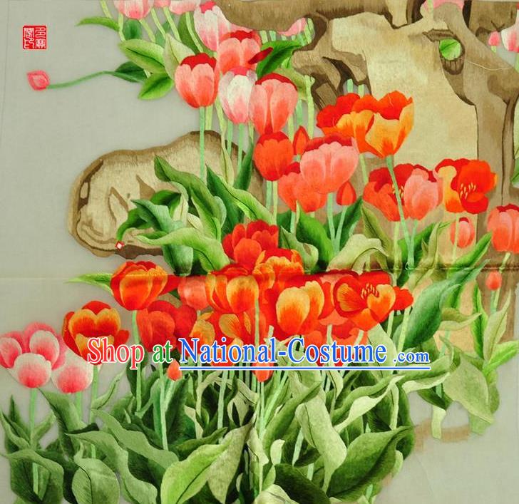 Traditional Chinese Embroidered Flowers Decorative Painting Hand Embroidery Tulip Silk Wall Picture Craft