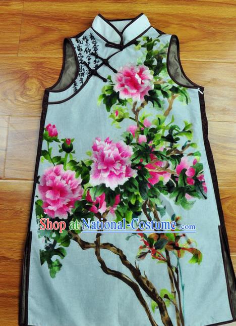 Traditional Chinese Embroidered Peony Vest Hand Su Embroidery Tang Suit Blue Silk Waistcoat for Women