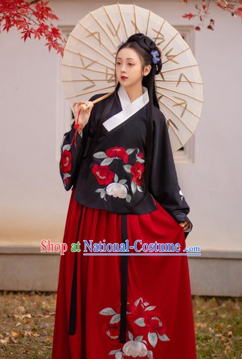 Chinese Ming Dynasty Princess Costumes Traditional Ancient Noble Lady Garment Hanfu Embroidered Black Blouse and Red Skirt Full Set