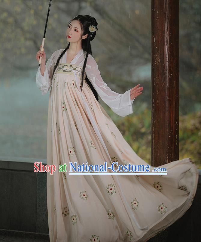 Chinese Traditional Tang Dynasty Princess Costumes Ancient Noble Lady Garment Hanfu Blouse and Apricot Dress Complete Set