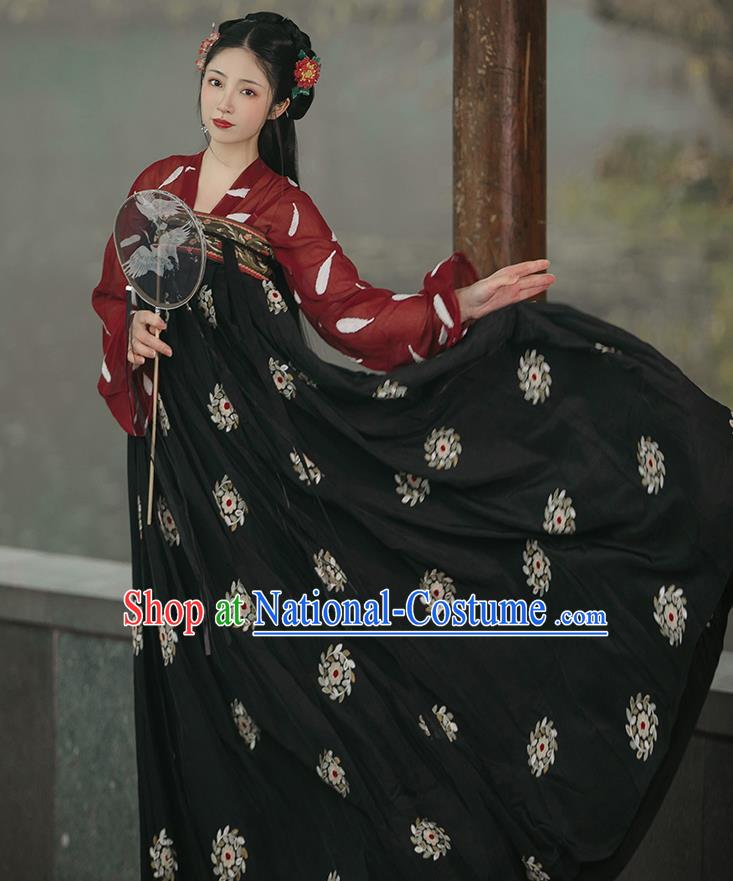 Chinese Traditional Hanfu Red Blouse and Black Dress Ancient Tang Dynasty Princess Garment Costumes Complete Set