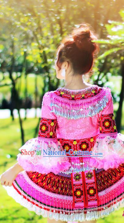 China Miao Ethnic Folk Dance Apparels Minority Stage Performance Costumes Yunnan Nationality Women Pink Short Dress and Headpiece