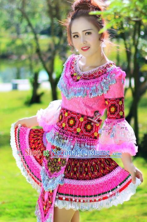 China Miao Ethnic Folk Dance Apparels Minority Stage Performance Costumes Yunnan Nationality Women Pink Short Dress and Headpiece