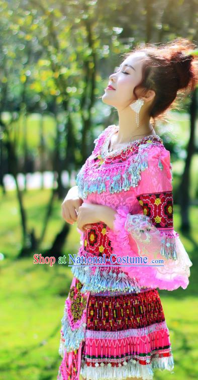 China Miao Ethnic Folk Dance Apparels Minority Stage Performance Costumes Yunnan Nationality Women Pink Short Dress and Headpiece