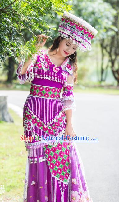 China Miao Ethnic Purple Apparels Minority Stage Performance Costumes Yunnan Nationality Women Long Dress and Headdress