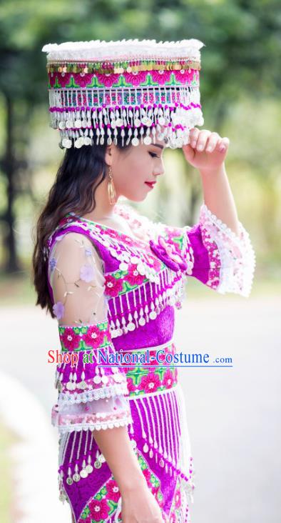 China Miao Ethnic Purple Apparels Minority Stage Performance Costumes Yunnan Nationality Women Long Dress and Headdress