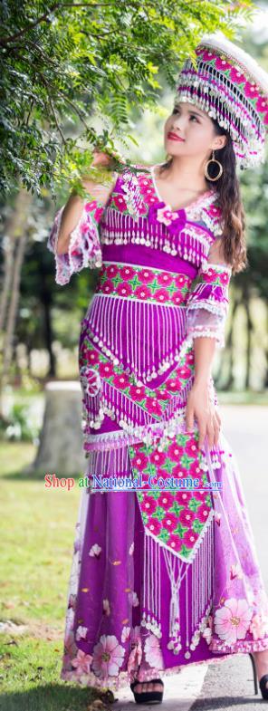 China Miao Ethnic Purple Apparels Minority Stage Performance Costumes Yunnan Nationality Women Long Dress and Headdress