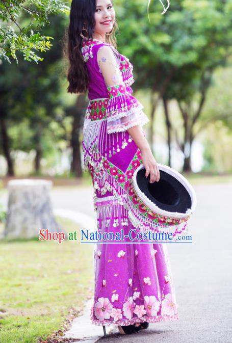 China Miao Ethnic Purple Apparels Minority Stage Performance Costumes Yunnan Nationality Women Long Dress and Headdress