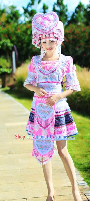 China Yao Nationality Folk Dance Short Dress Ethnic Women Apparels Miao Minority Costumes and Headdress