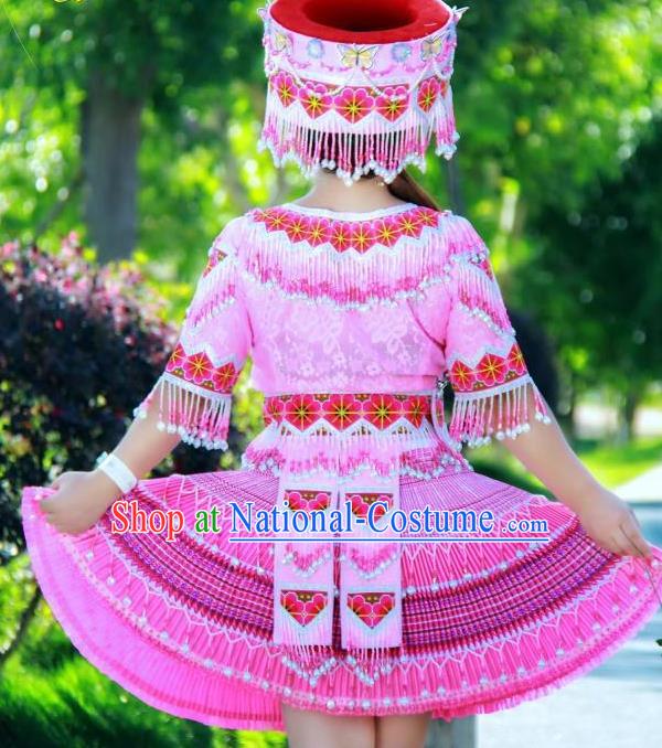 China Ethnic Folk Dance Pink Short Dress Miao Minority Costumes Miao Nationality Women Apparels and Headdress