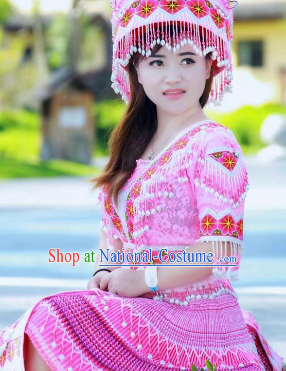 China Ethnic Folk Dance Pink Short Dress Miao Minority Costumes Miao Nationality Women Apparels and Headdress